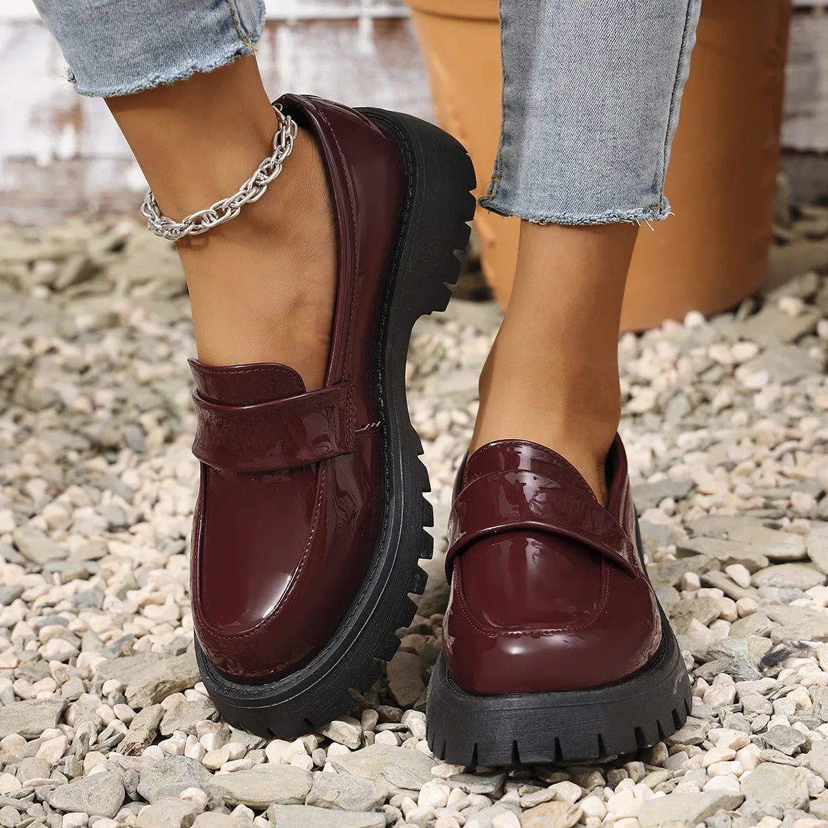 Mocassin cuir bordeaux femme